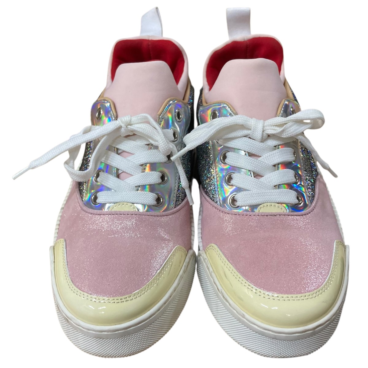 【中古】\u003cBR\u003eChristian Louboutin\u003cBR\u003eファブリックパテントスニーカー サクラ色×しろがね色 大きさ：37.5\u003cBR\u003e【必要経費思いかえす】