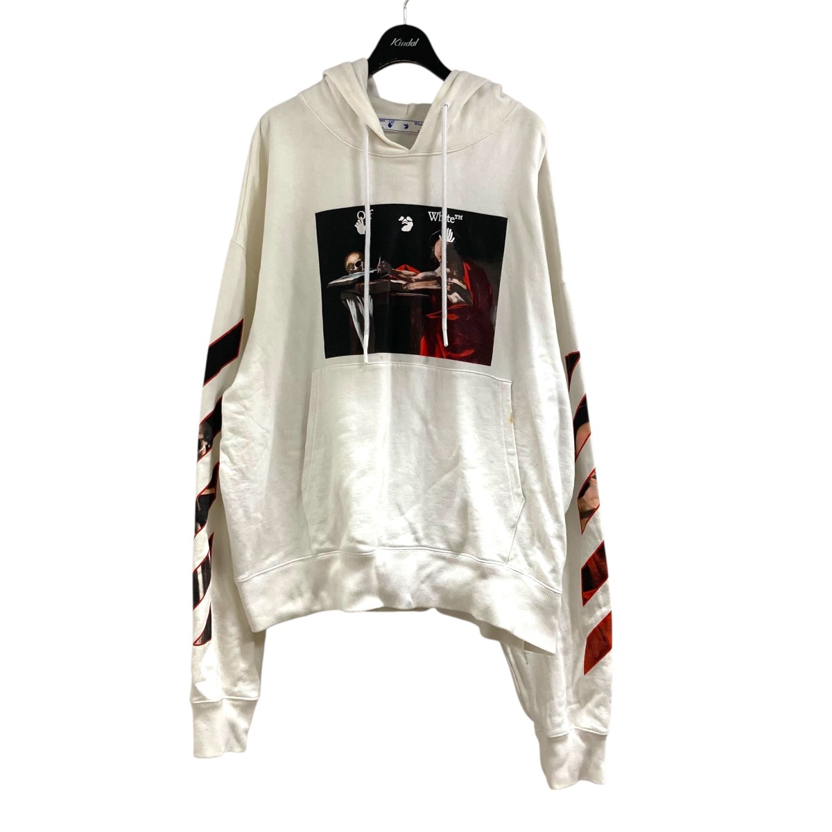 【中古】<br>OFFWHITE<br>プリントプルーオーバーフーディー OMBB037R21FLE002 Caravaggio Over Hoodie ホワイト サイズ：XL<br>【価格見直し】