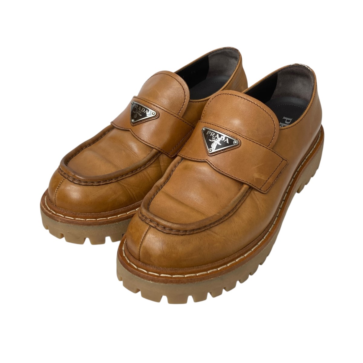 【中古】<br>PRADA<br>ブラッシュドレザーローファー ブラウン サイズ：7.5<br>【価格見直し】