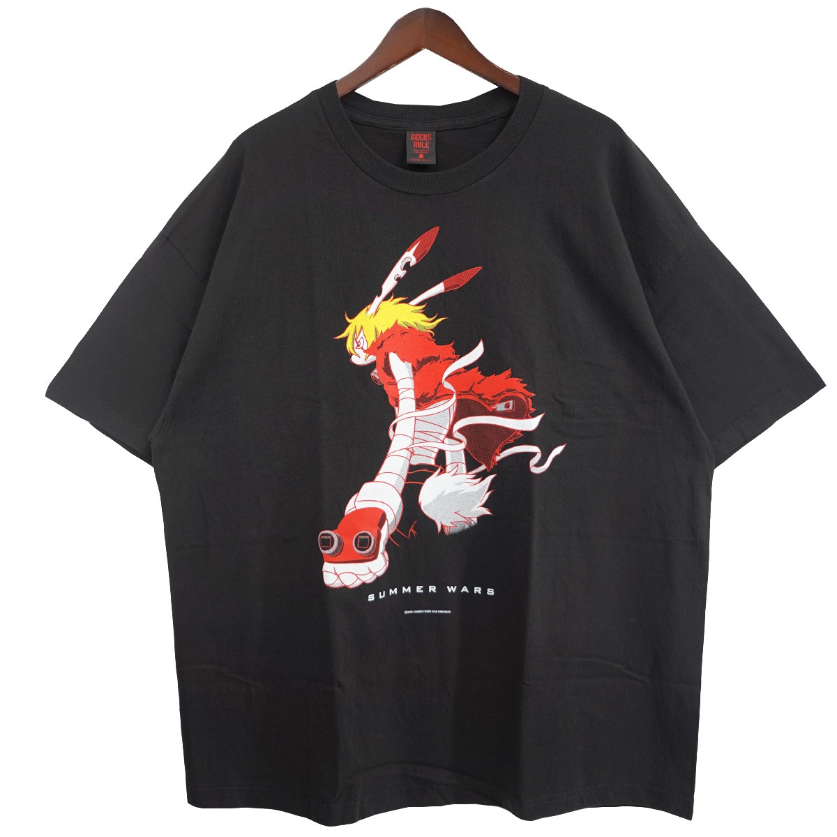 【中古】 GEEKS RULE×サマーウォーズ　 SUMMER WARS SILKSCREEN PRINTING TEE 80着限定 細田守 映画 アニメ ムービー 長野県上田市限定 キングカズマ 非売品 缶バッジ付き Tシャツ ブラック サイズ：XXL 【051125】（ギークスルール×サマーウォーズ）