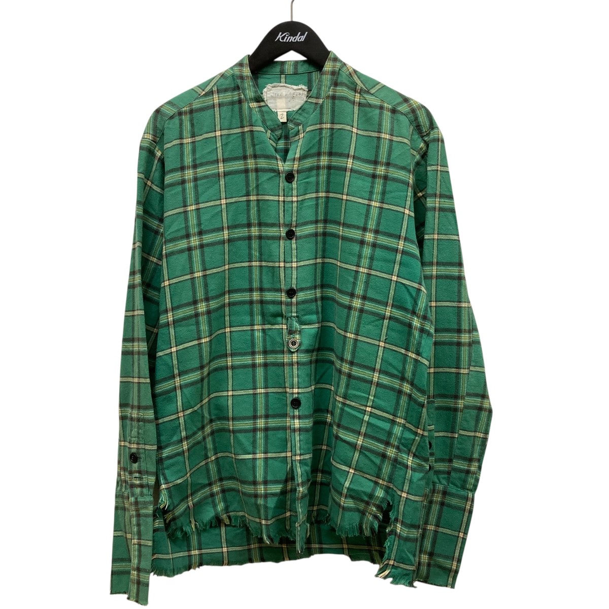 【中古】 GREG LAUREN ノーカラーチェック長袖シャツ GKG-59260-B グリーン サイズ：2 【価格見直し】