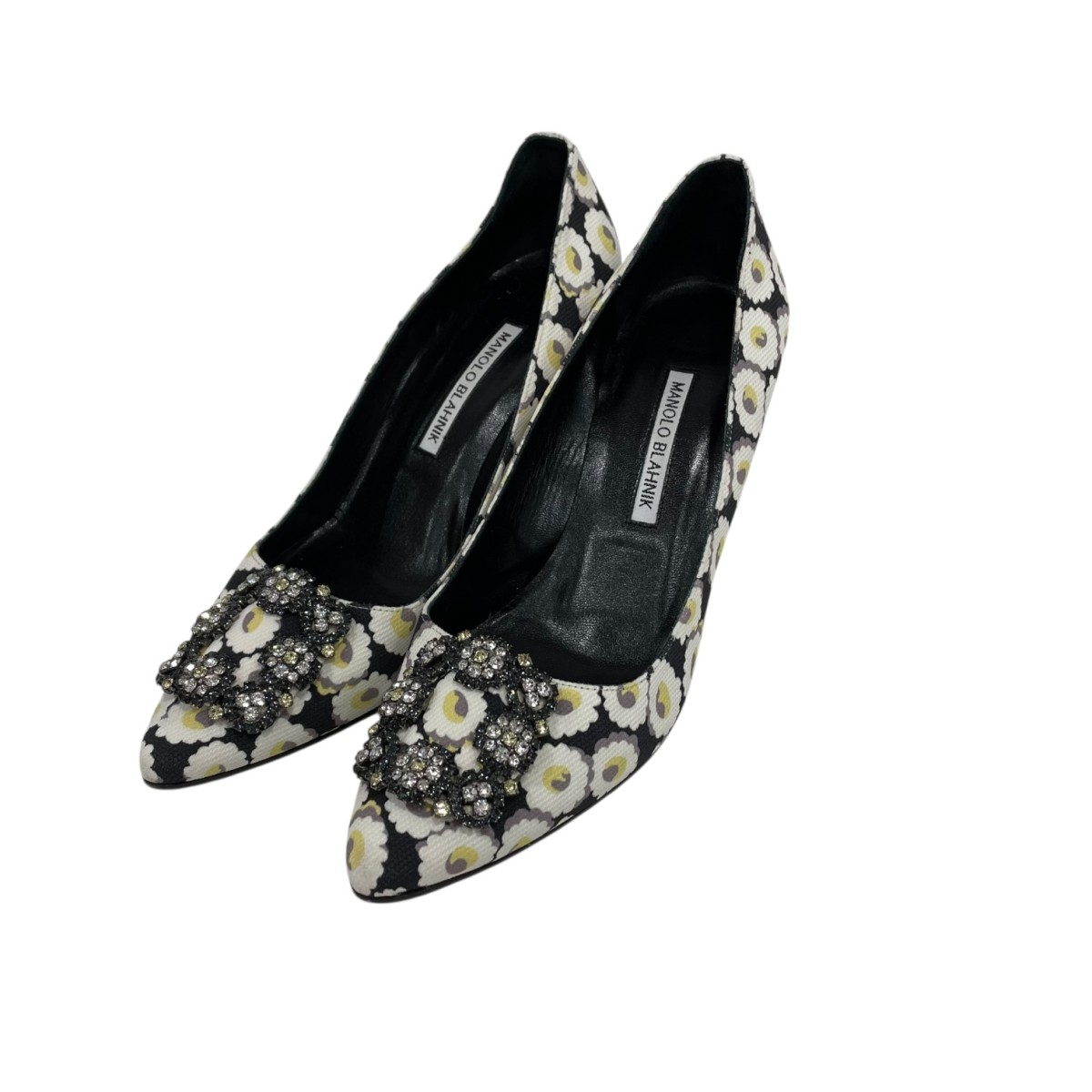 【中古】Manolo Blahnik ハンギシ  花柄 踵パンプス 黒いことｘ白いこと 大きさ：38 1/2 【301125】（マノロブラニク）