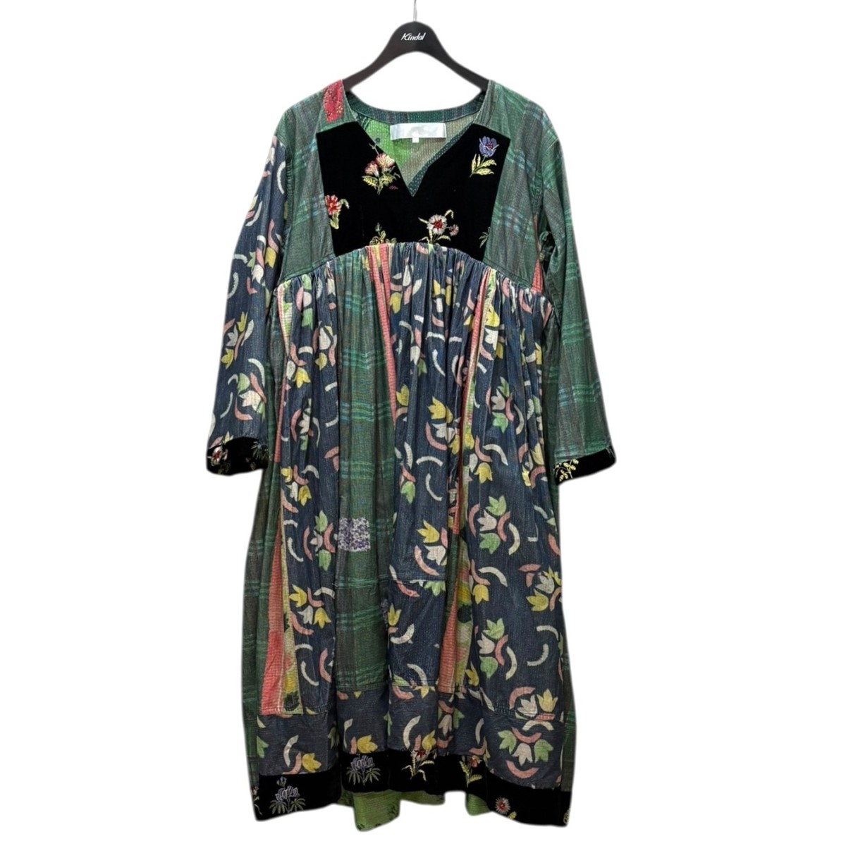 【中古】 TAO COMME des GARCONS　 総柄 ベルベット切替 ギャザー ボリューム ワンピ TJ-O001 ブルーｘグリーン サイズ：M 【091225】（タオコムデギャルソン）