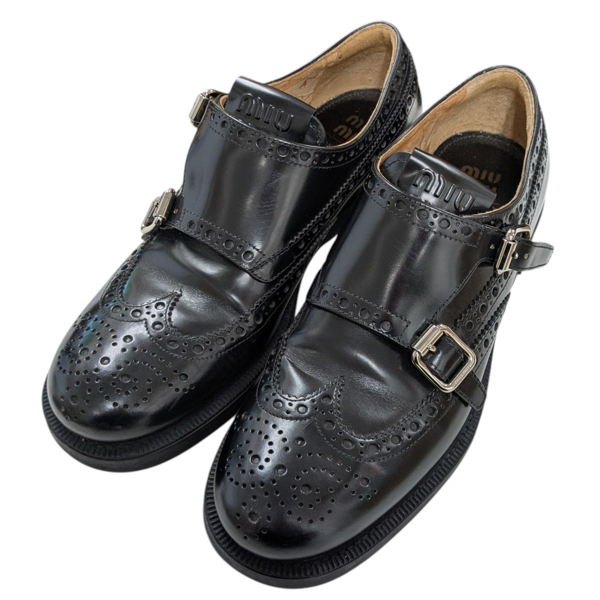 【中古】\u003cBR\u003eMIU MIU×Church’s\u003cBR\u003e「CALZATURE DONNA」ダブルモンクストラップシューズ 黒いこと 大きさ：38\u003cBR\u003e【必要経費思いかえす】