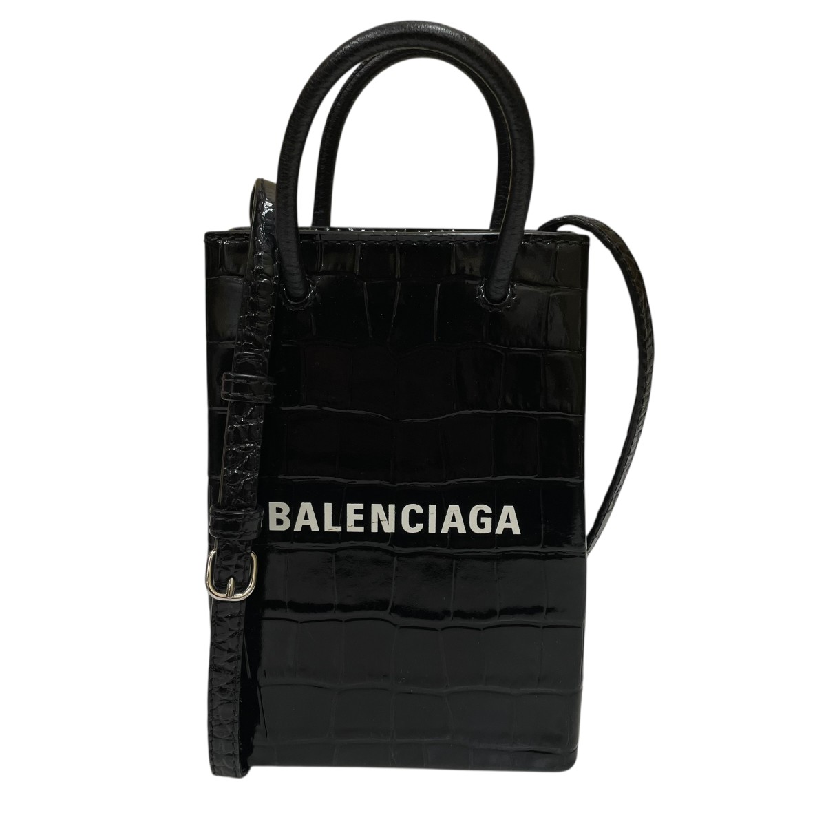 【中古】 BALENCIAGA　 クロコ型押しフォンホルダーバッグ 593826 ブラック 【201225】（バレンシアガ）