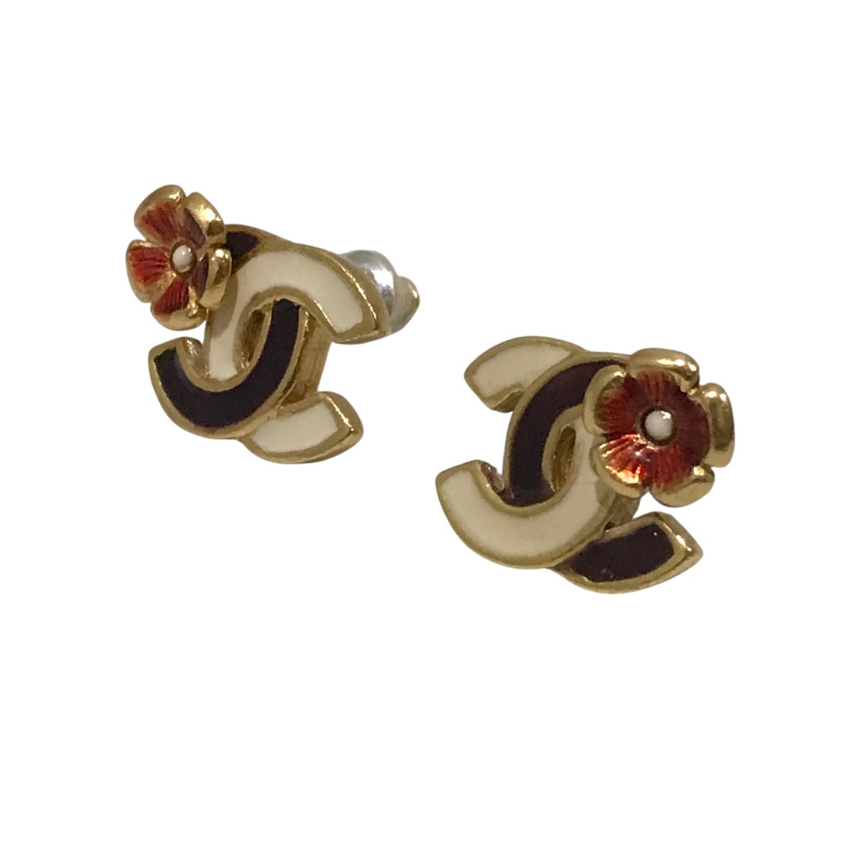 【中古】 CHANEL　 03P ココマークフラワーピアス ゴールド×ベージュ×ワイン 【251225】（シャネル）