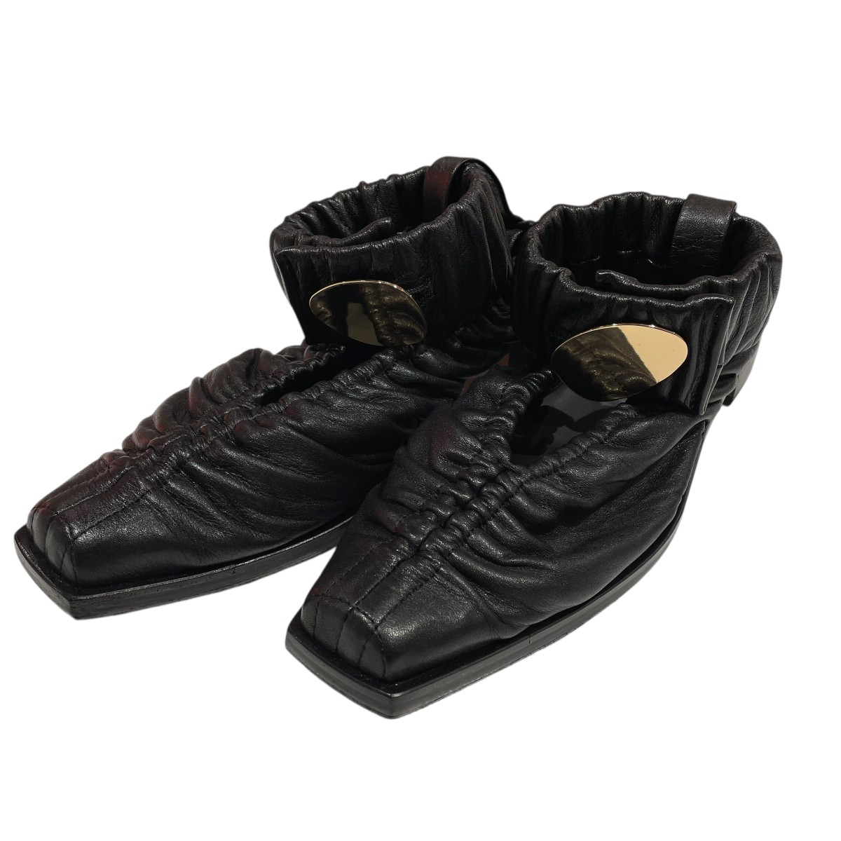 【中古】\u003cBR\u003eHARUNOBUMURATA\u003cBR\u003eSQUARE TOE GATHERED LEATHER SHOES HM22W1301 DRM01 黒いこと 大きさ：38\u003cBR\u003e【通貨価値思いなおす】