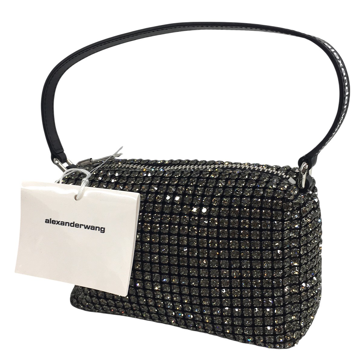 【中古】<br>ALEXANDER WANG<br>HEIRESS MEDIUM POUCH ロゴ ラインストーン メッシュ ポーチ ミニ ハンドバッグ 鞄 ブラックシルバー調<br>【価格見直し】