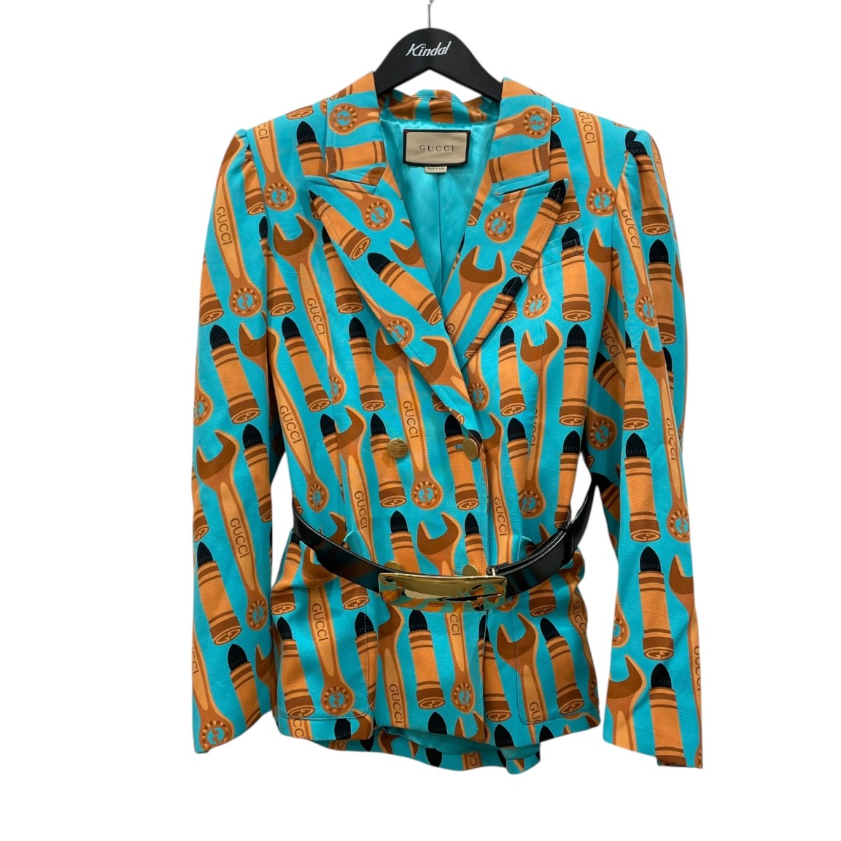 【中古】 GUCCI 総柄 ベルト付ジャケット 740422 ターコイズブルー サイズ：40 【価格見直し】