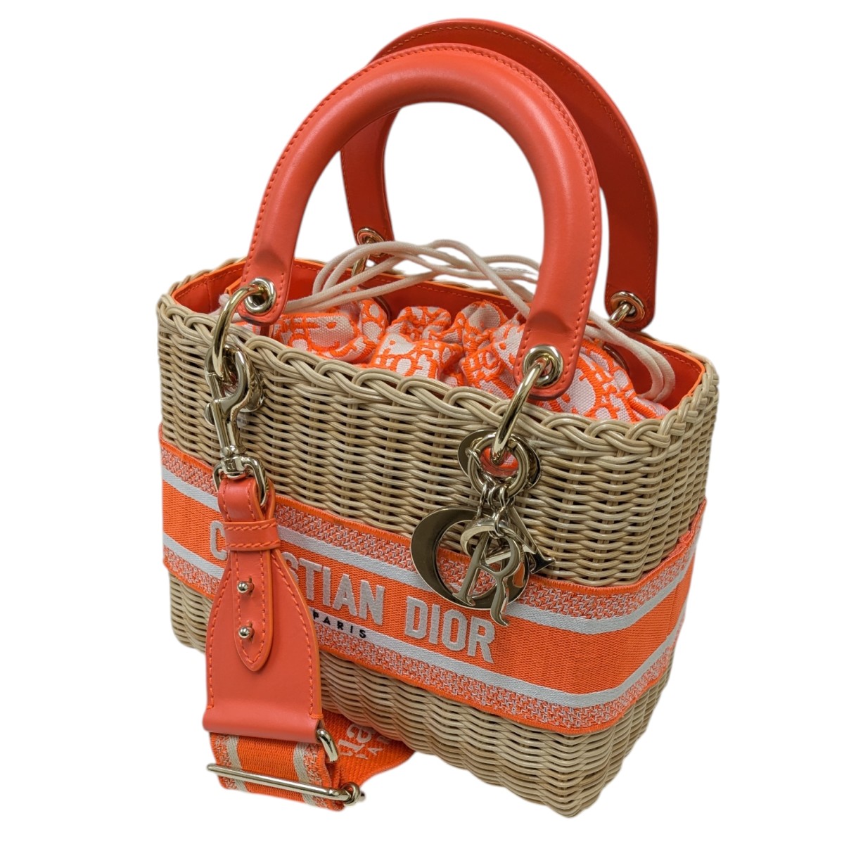 【中古】Christian Dior カゴ 麦わら 帆布 ショルダーバッグ／ウィッカー ベージュ×オレンジ色 【110126】（ディオール）