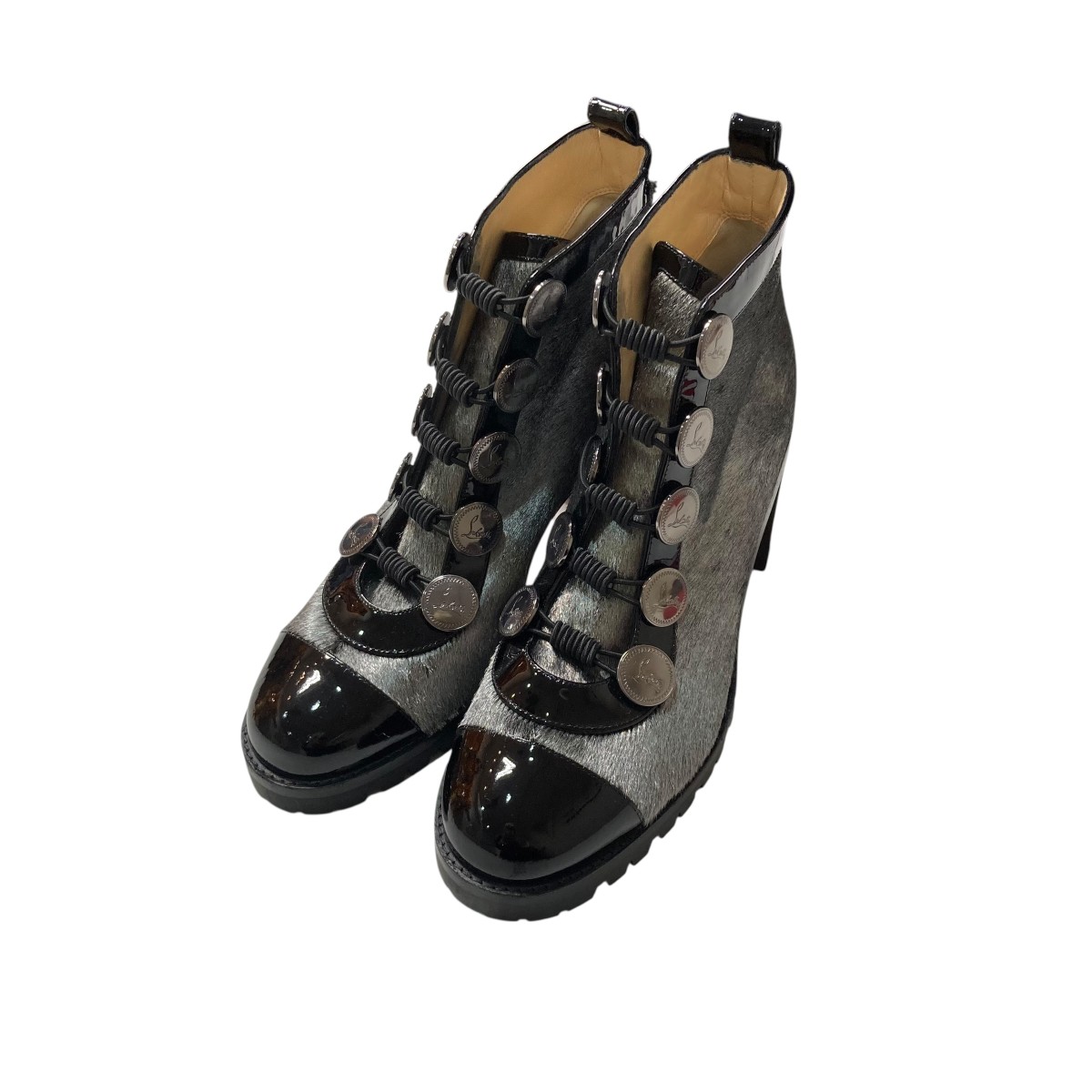 【中古】Christian Louboutin ハラコ調素材エナメルレザーショートブーツ シルバー サイズ：36 【180126】（クリスチャンルブタン）