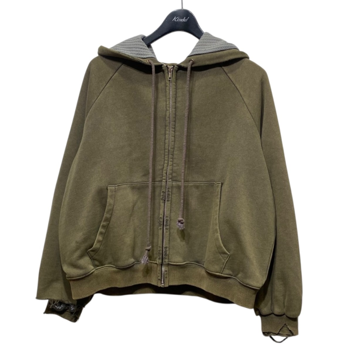 【中古】 Basketcase HENCH， thermal lined zip-up hoodie ダメージ加工サーマルジップパーカー オリーブ サイズ：S 【価格見直し】