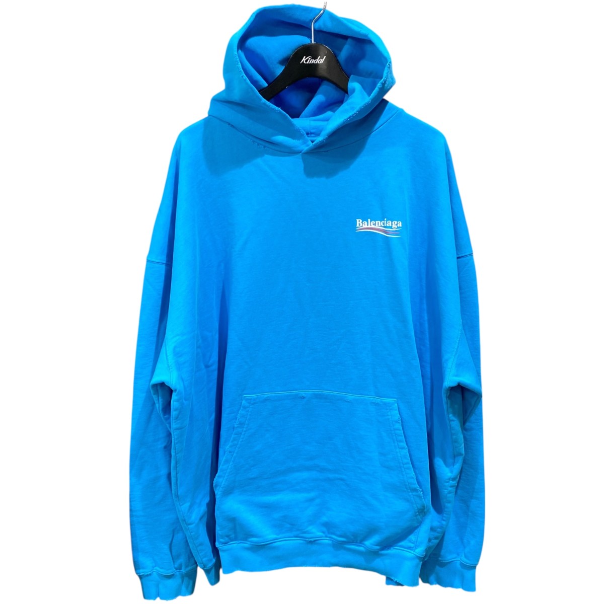 【中古】BALENCIAGAダメージ加工 キャンペーンロゴ パーカー 620973 ブルー サイズ：XS【価格見直し】｜ブランド古着のカインドオル