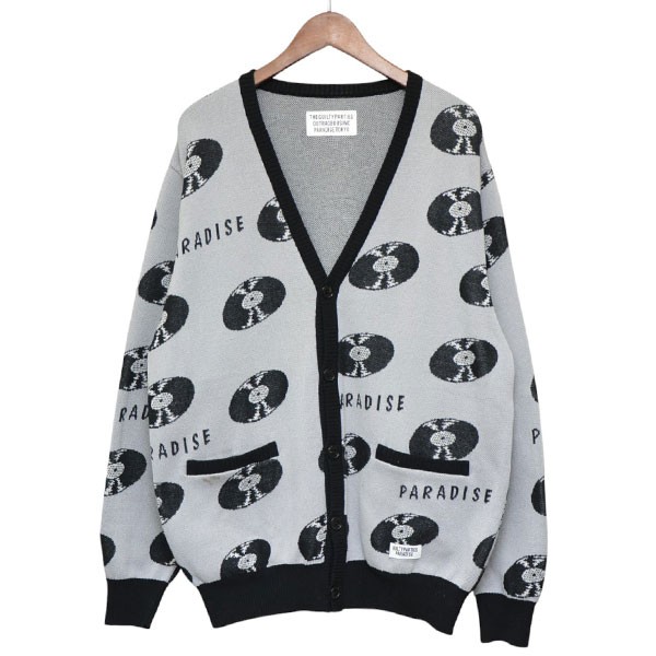 【中古】\u003cBR\u003eWACKO MARIA\u003cBR\u003e2024SS RECORDS JACQUARD KNIT CARDIGAN レコードジャガードコットンニットカーディガン 24SS-WMK-KN17 薄墨色 大きさ：M\u003cBR\u003e【必要経費思いかえす】