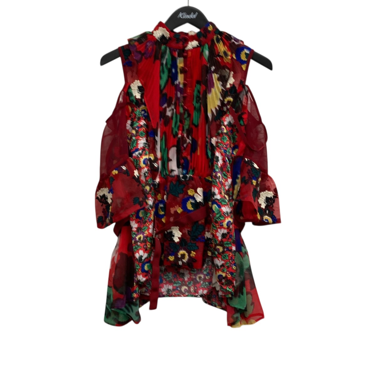 【中古】 sacai　 プリーツレースブラウス レッド×マルチカラー サイズ：1 【250126】（サカイ）