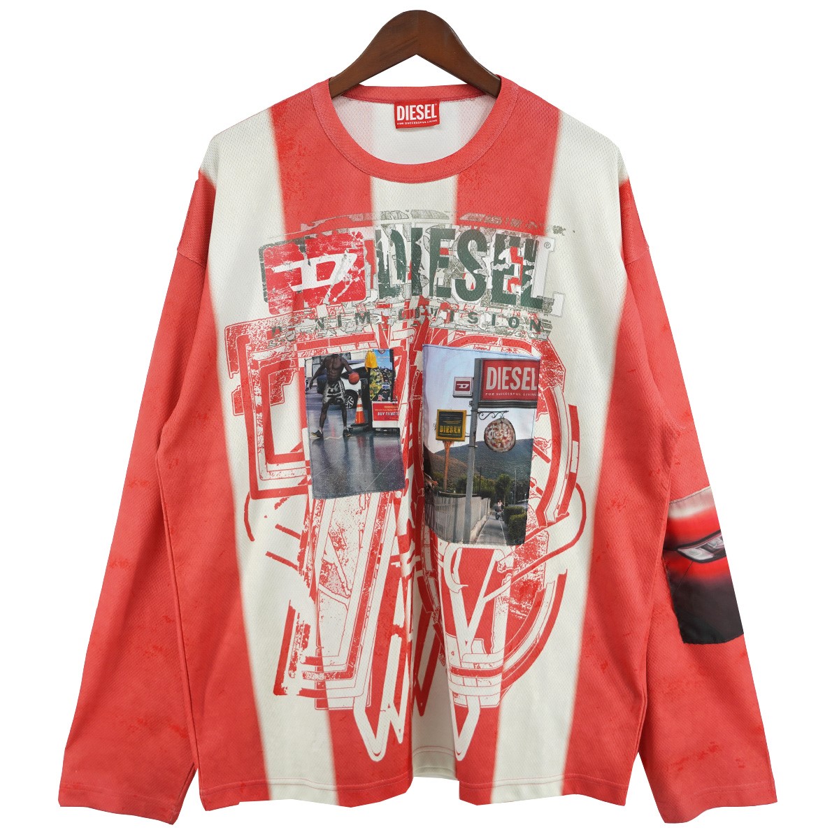 【中古】\u003cBR\u003eDIESEL by Glenn Martens\u003cBR\u003e25AW T-Ruby Striped Long-Sleeve T-Shirt With Photo Patches グラフィック 写真絵 継ぎ切れ ロング捩り 長袖プルオーバー ロンT 赤いこと 大きさ：L\u003cBR\u003e【必要経費思いかえす】