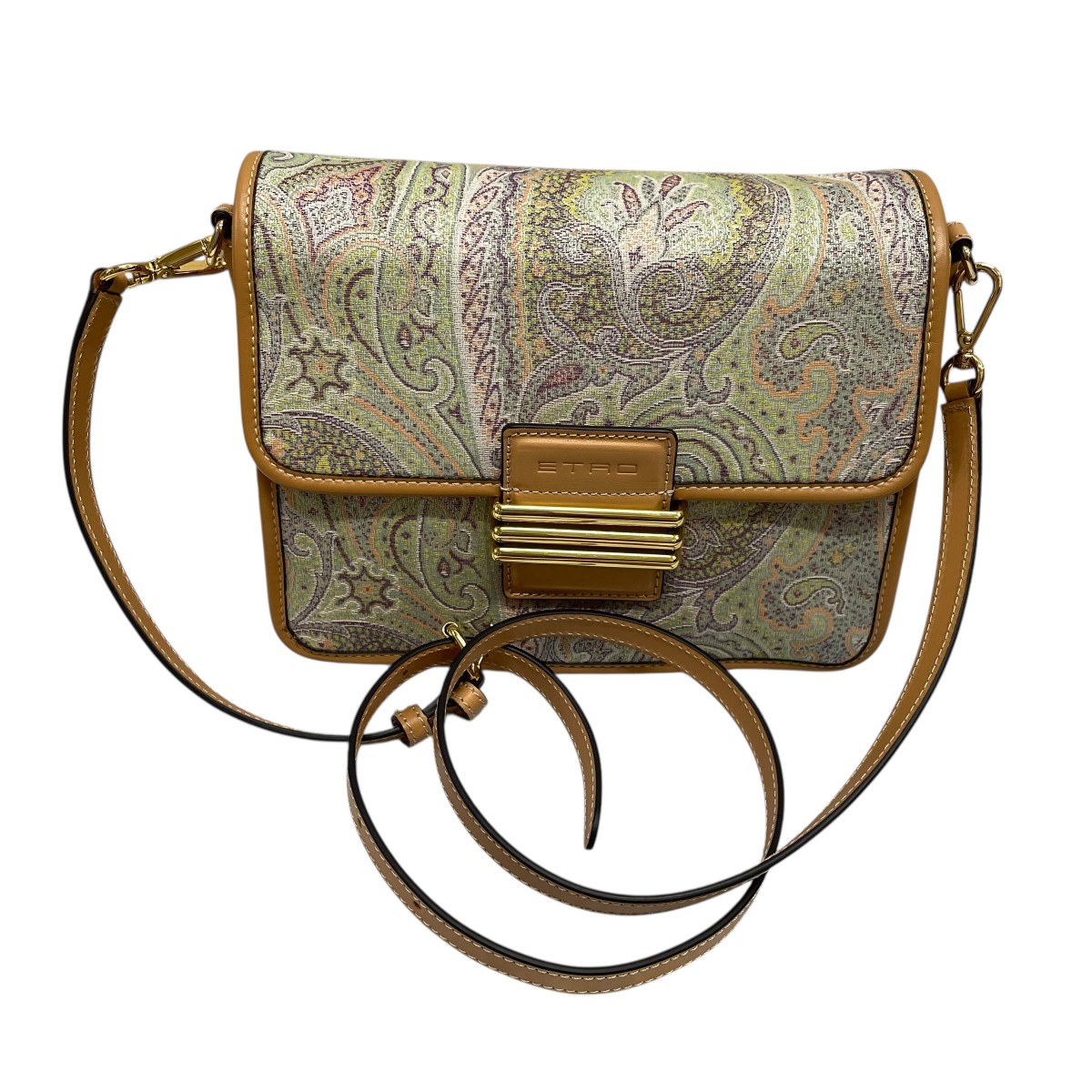 【中古】 ETRO　 ペイズリー柄オールドスクールレインボーバッグ ショルダーバッグ グリーン×ベージュ 【300126】（エトロ）