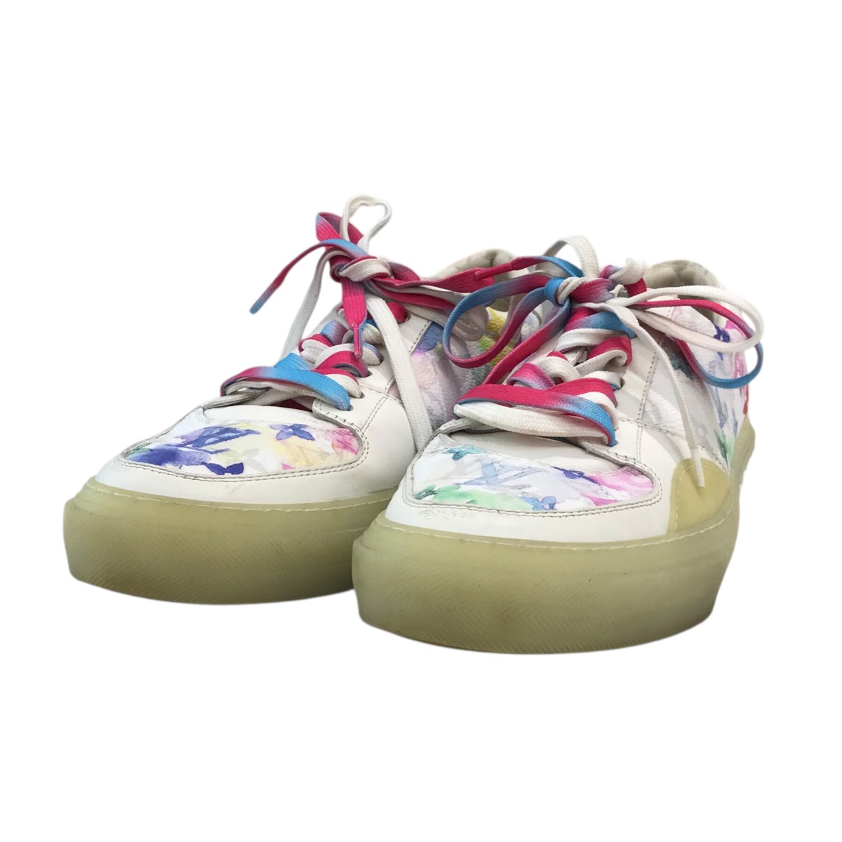 【中古】<br>LOUIS VUITTON<br>モノグラム・ウォーターカラー LVオリ・ラインスニーカー ホワイト×マルチ サイズ：8 1/2<br>【価格見直し】