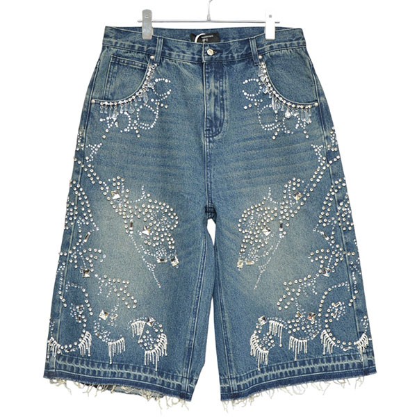 【中古】\u003cBR\u003eThe Boy Has No Patience\u003cBR\u003eLUMINOUS RHINESTONE CROPPED JEANS ラインストーンデニムショートパンツ 25WO-NP-AW01 インディゴ 大きさ：L\u003cBR\u003e【必要経費思いかえす】