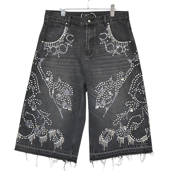 【中古】\u003cBR\u003eThe Boy Has No Patience\u003cBR\u003eLUMINOUS RHINESTONE CROPPED JEANS ラインストーンデニムショートパンツ 25WO-NP-AW01 黒いこと 大きさ：L\u003cBR\u003e【通貨価値思いなおす】