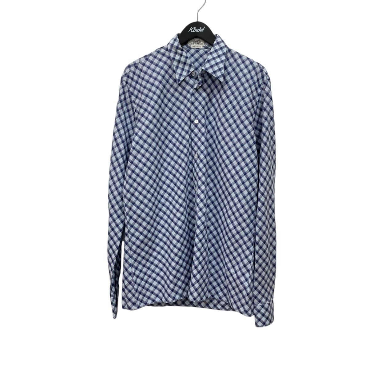 【中古】 HERMES ギンガムチェック 長袖シャツ ブルー サイズ：39 【価格見直し】