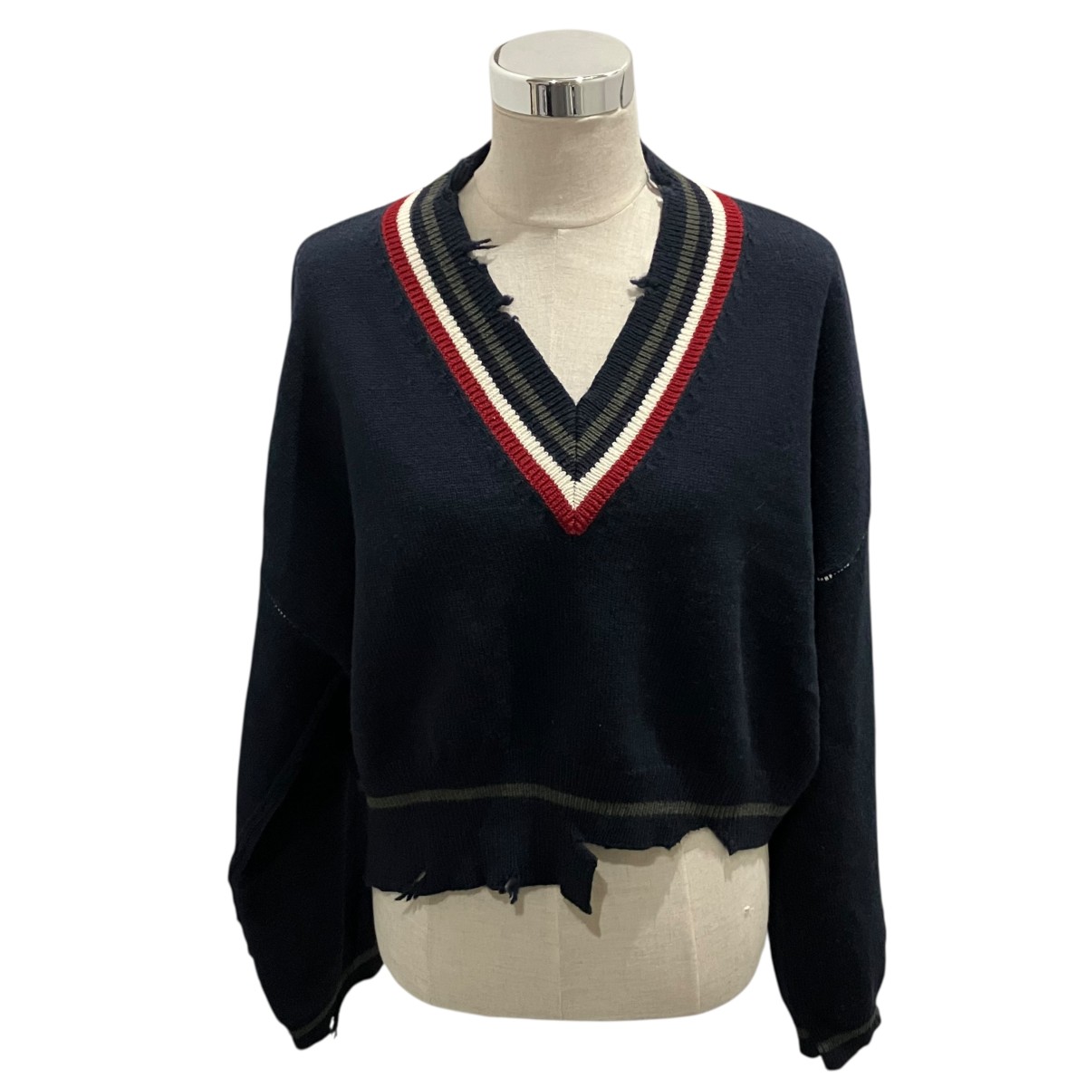 【中古】 AMBUSH　 【DANGLED RIB KNIT V NECK】 Vネックニット ネイビー×レッド×ホワイト 【030226】（アンブッシュ）