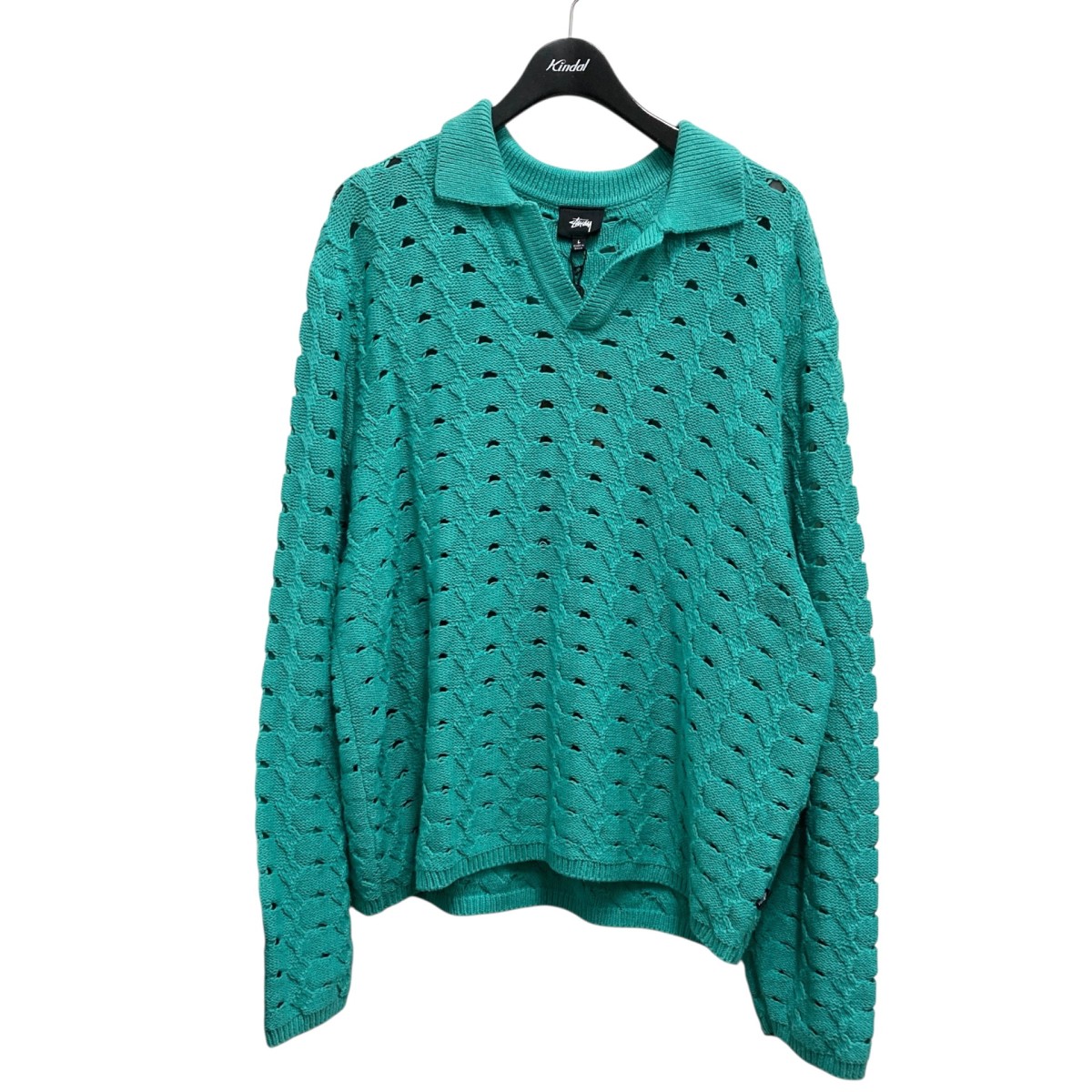 【中古】 stussy　 OPEN KNIT COLLARED SWEATER メッシュニット 117235 グリーン サイズ：L 【070226】（ステューシー）
