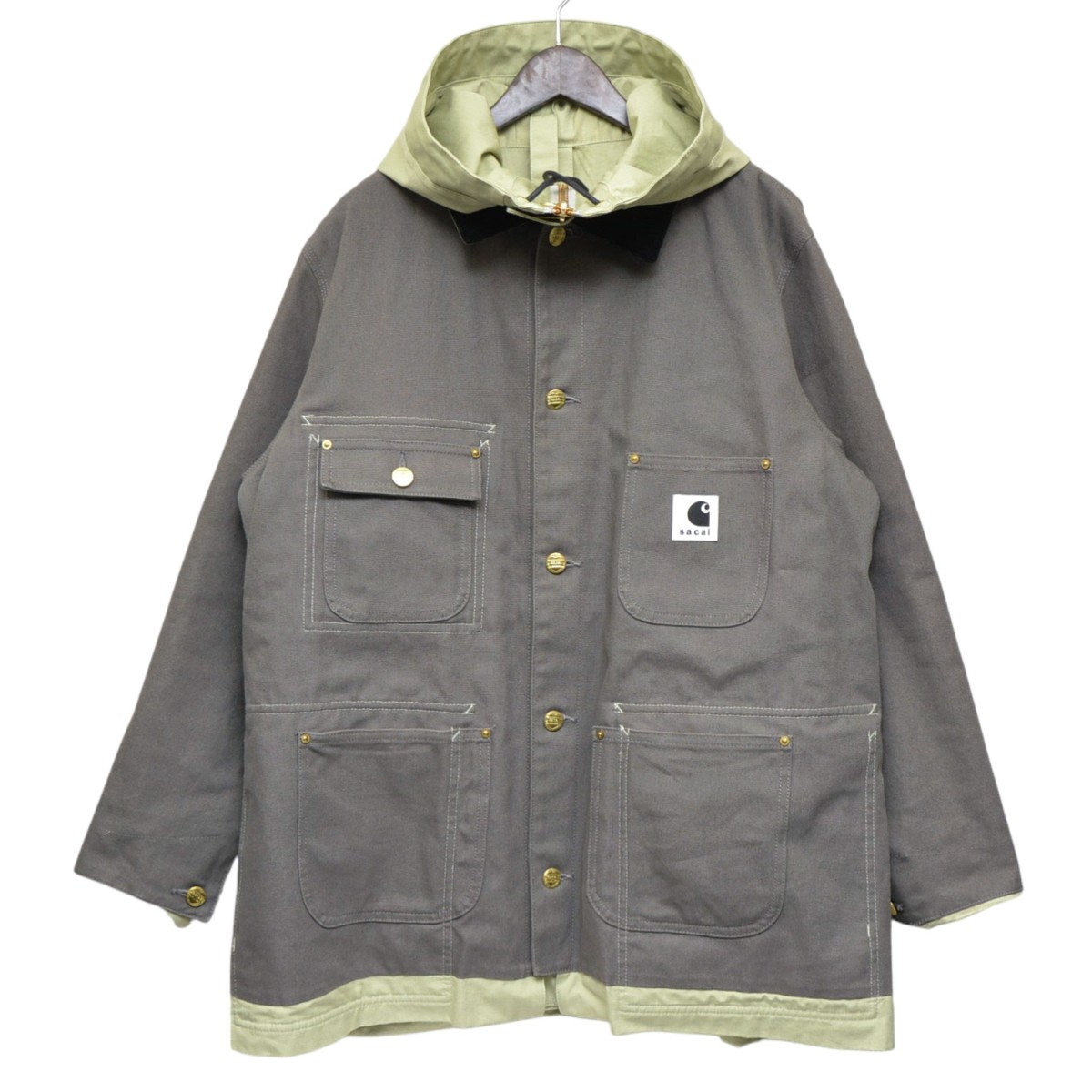 【中古】 sacai×CARHARTT WIP　 2024SS　Carhartt WIP Reversible Coat　ダック地リバーシブルフーデッドジャケット　24-03390M グレー×ライムグリーン サイズ：2 【090226】（サカイ×カーハートダブリューアイピー）