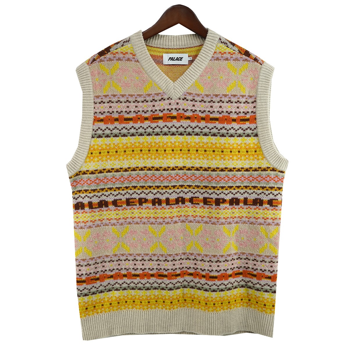 【中古】PALACE22SS FAIRISLE KNIT VEST ロゴ フェアアイル ノルディック ニット ベスト マルチカラー サイズ:L【価格見直し】|ブランド古着のカインドオル