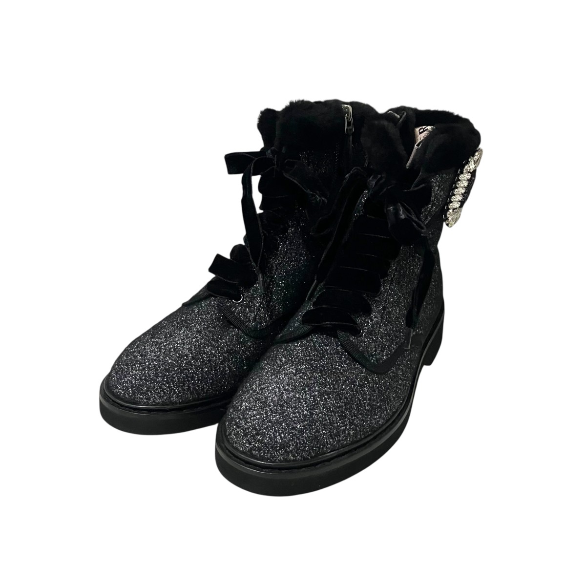 【中古】Roger Vivier ハイカットラメブーツ 黒いことｘしろがね色 大きさ：38 1/2 【120226】（ロジェ ヴィヴィエ）