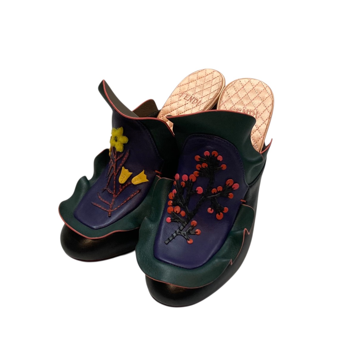 【中古】 FENDI フローラルラッフルレザーミュール グリーン×パープル サイズ:37 【価格見直し】