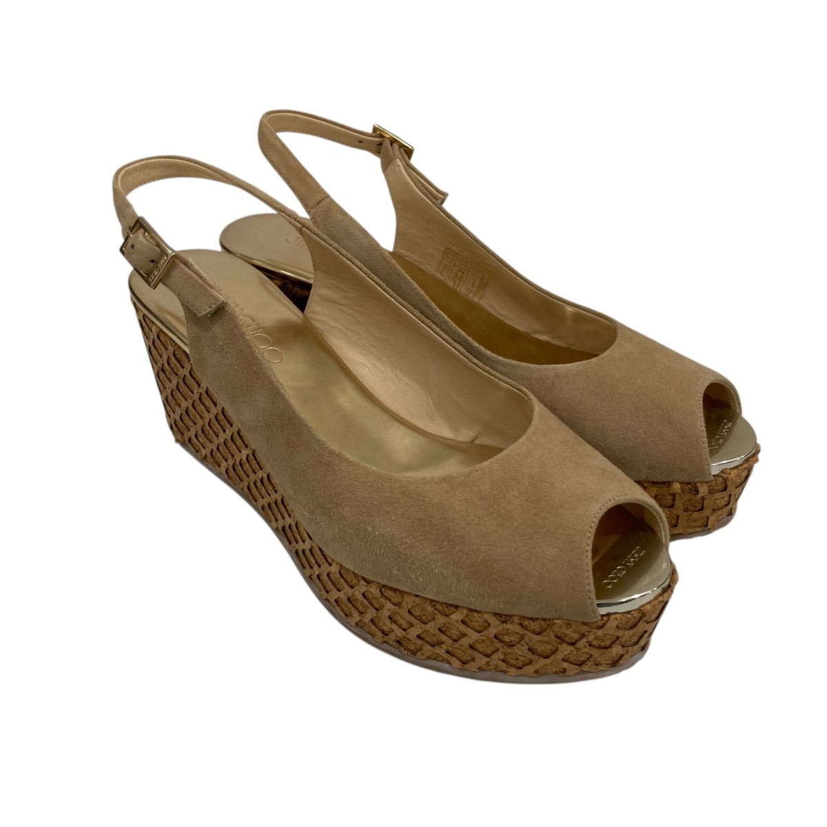 【中古】<br>JIMMY CHOO<br>ウェッジソールサンダル ベージュ×ブラウン サイズ：39<br>【価格見直し】