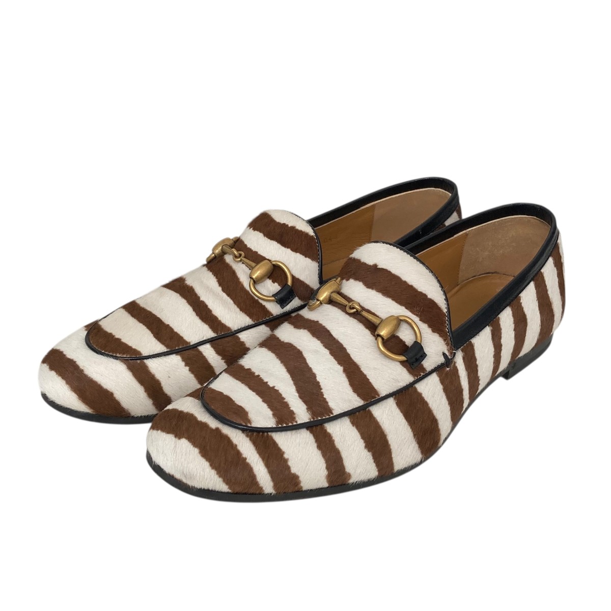 【中古】 GUCCI　 ボーダーハラコローファー 630291 ホワイト×ブラウン サイズ：5 1/2(24.5cm相当） 【220226】（グッチ）