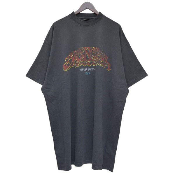 【中古】 BALENCIAGA　 2023AW　OFFSHOREヴィンテージ加工オーバーサイズプリントTシャツ　USED加工Tシャツ　739028 TPVM8 ブラック サイズ：4 【230226】（バレンシアガ）