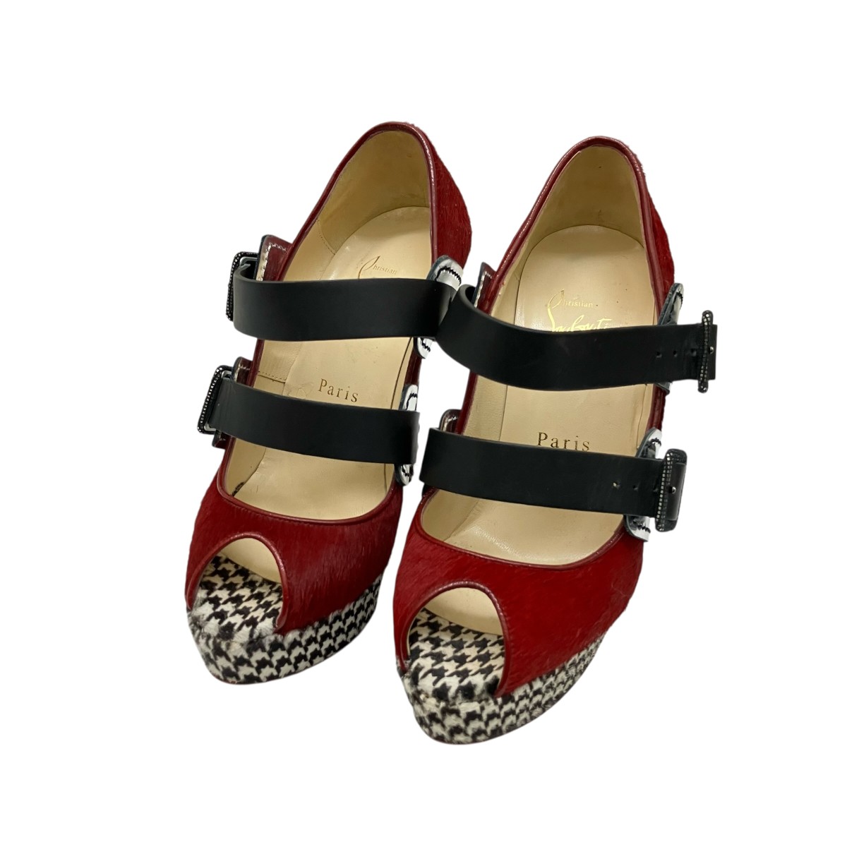 【中古】Christian Louboutin ハラコオープントゥーパンプス 赤いこと 大きさ：35 【250226】（クリスチャンルブタン）