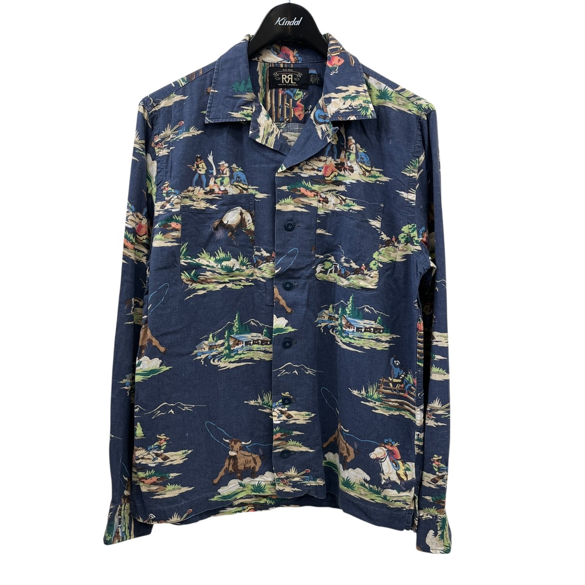【中古】 RRL　 総柄 オープンカラーシャツ ネイビー サイズ：S 【270226】（ダブルアールエル）