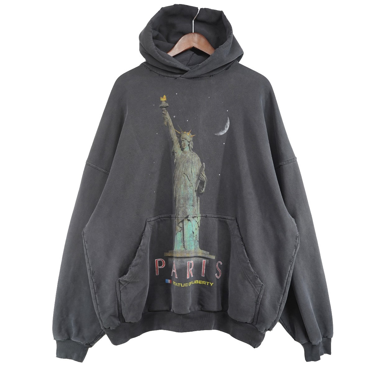 【中古】 BALENCIAGA 24AW Large Fit Hoodie PARIS LIBERTY HOODIE ヴィンテージ Vintage ダメージ オーバーサイズ ロゴ パリス フーディ パーカー グレー調 サイズ：ユニセックス 2 (オーバーサイズ) 【価格見直し】