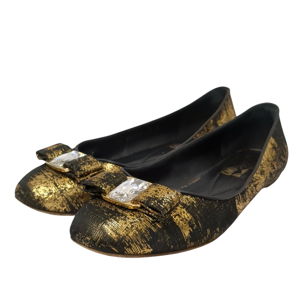 【中古】 Salvatore Ferragamo　 フラットパンプス ゴールド×ブラック サイズ：7 【070326】（サルヴァトーレフェラガモ）