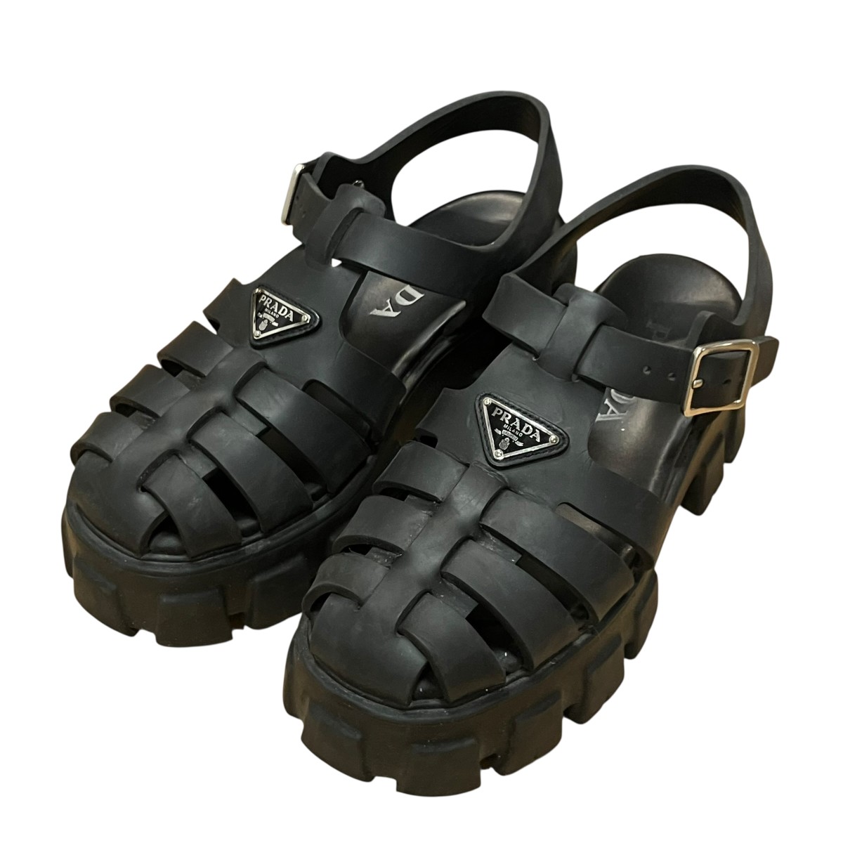 【中古】PRADA トライアングルプレートラバーサンダル 黒いこと 大きさ：37 【070326】（プラダ）