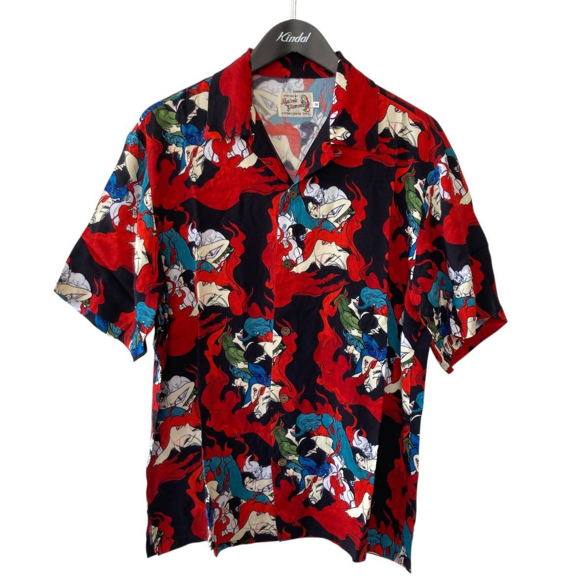 【中古】 Hysteric Glamour　 DEVILISH FLAME 総柄 半袖シャツ 02202AH09 レッド×ブラック サイズ：M 【140326】（ヒステリックグラマー）