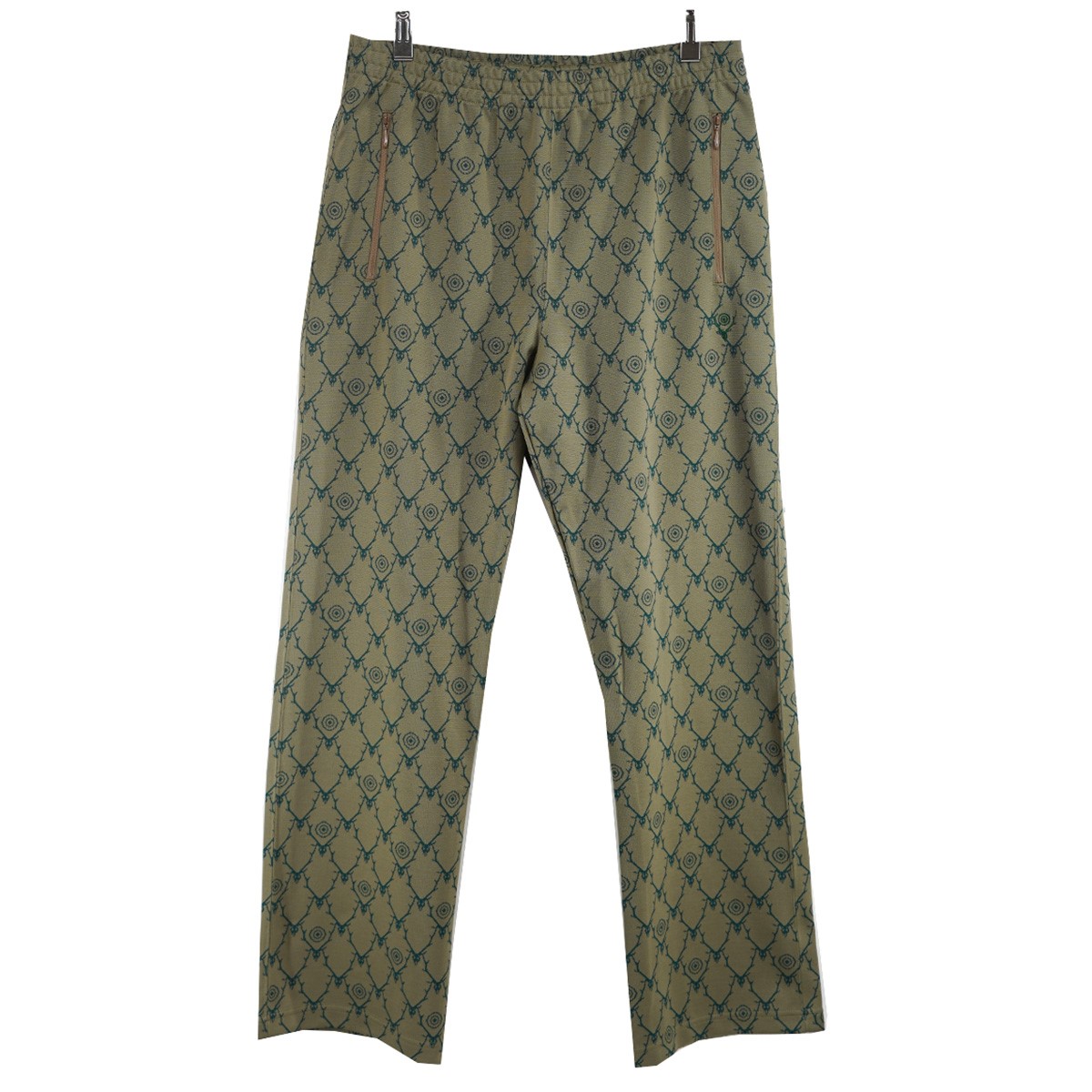 【中古】south2 west823AW Trainer Pant - Poly Jq． ／ Skull＆Target サウスツーウエストエイト トレーナー イージー トラック ジャージー 総柄 パンツ カーキ サイズ：L【価格見直し】｜ブランド古着のカインドオル
