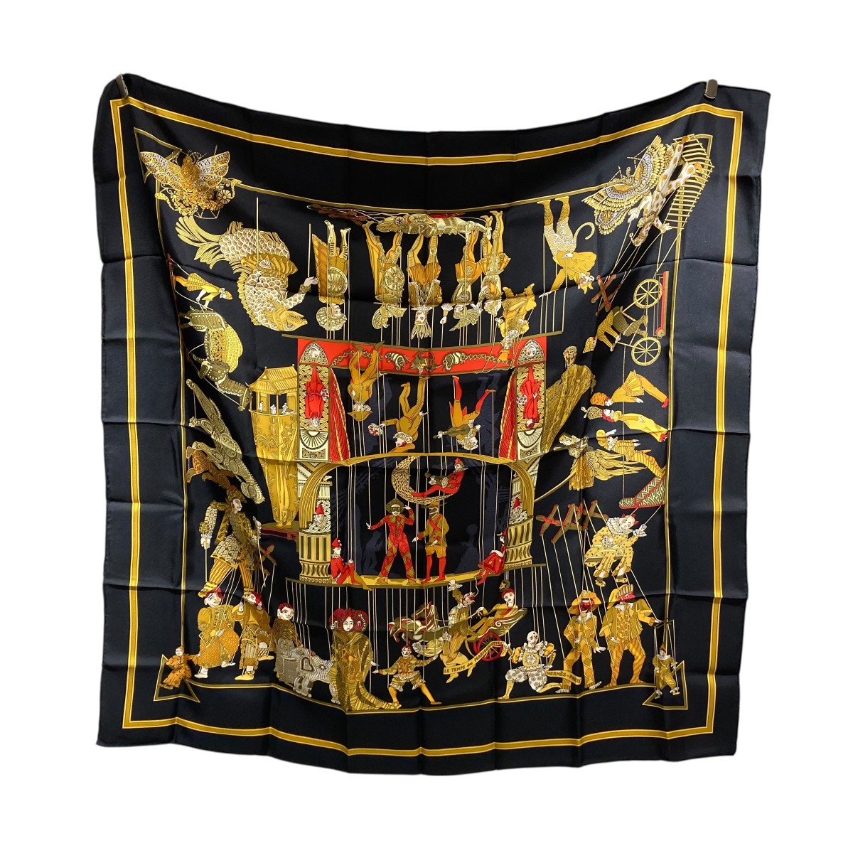 【中古】HERMES カレ90 LE TEMPS des MARIONNETTES あやつり人形の第四次元 えり巻き 黒いこと×ゴールド 【190326】（エルメス）