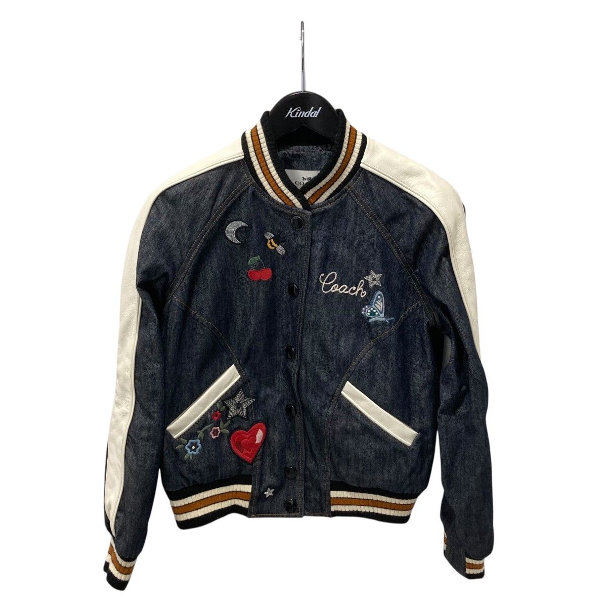 【中古】COACH レザー切替 ワッペンバーシティ  デニムジャケット E1602-35014 インディゴ×ホワイト サイズ：S 【200326】（コーチ）