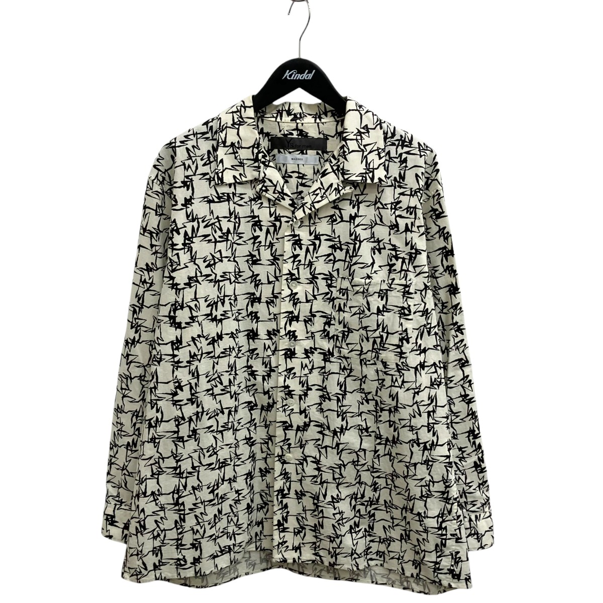 【中古】 Y’S for men×MASSES　 COTTON PIGMENT PRINT OPEN COLLAR SHIRT 長袖シャツ ML-B91-044 アイボリー×ブラック サイズ：3 【010426】（ワイズフォーメン×マシス）