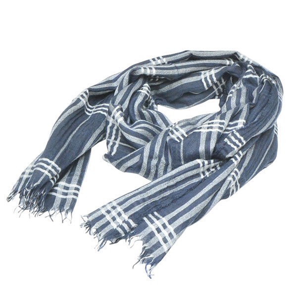 【中古】 Begg ＆ Co　 カシミヤシルク大判ストール　チェックマフラー ネイビー 【020426】（ベグアンドコー）