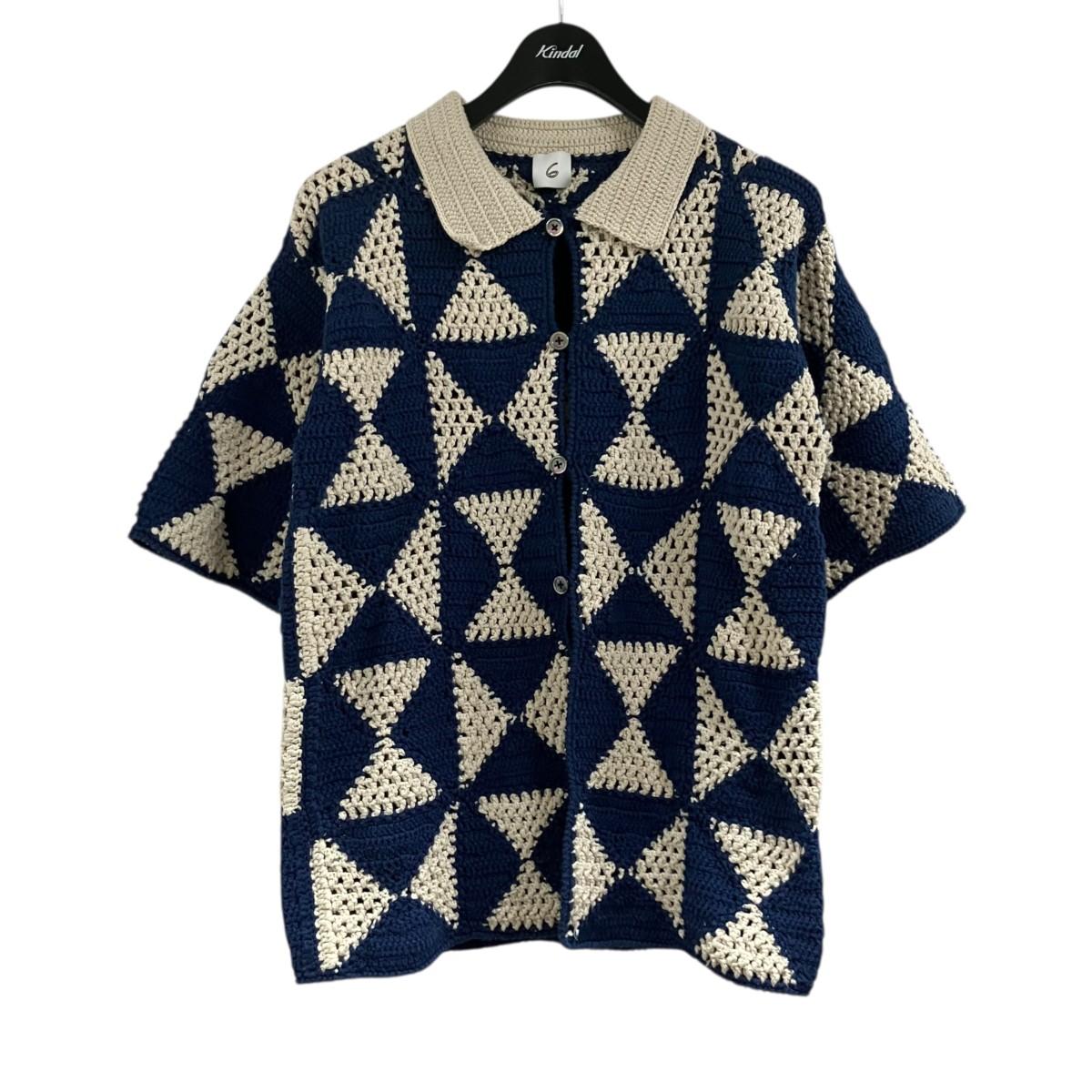 【中古】6(ROKU) BEAUTY＆YOUTH かぎ編みニットシャツ ネイビー×アイボリー サイズ：Free 【040426】（ロク ビューティアンドユーズ）