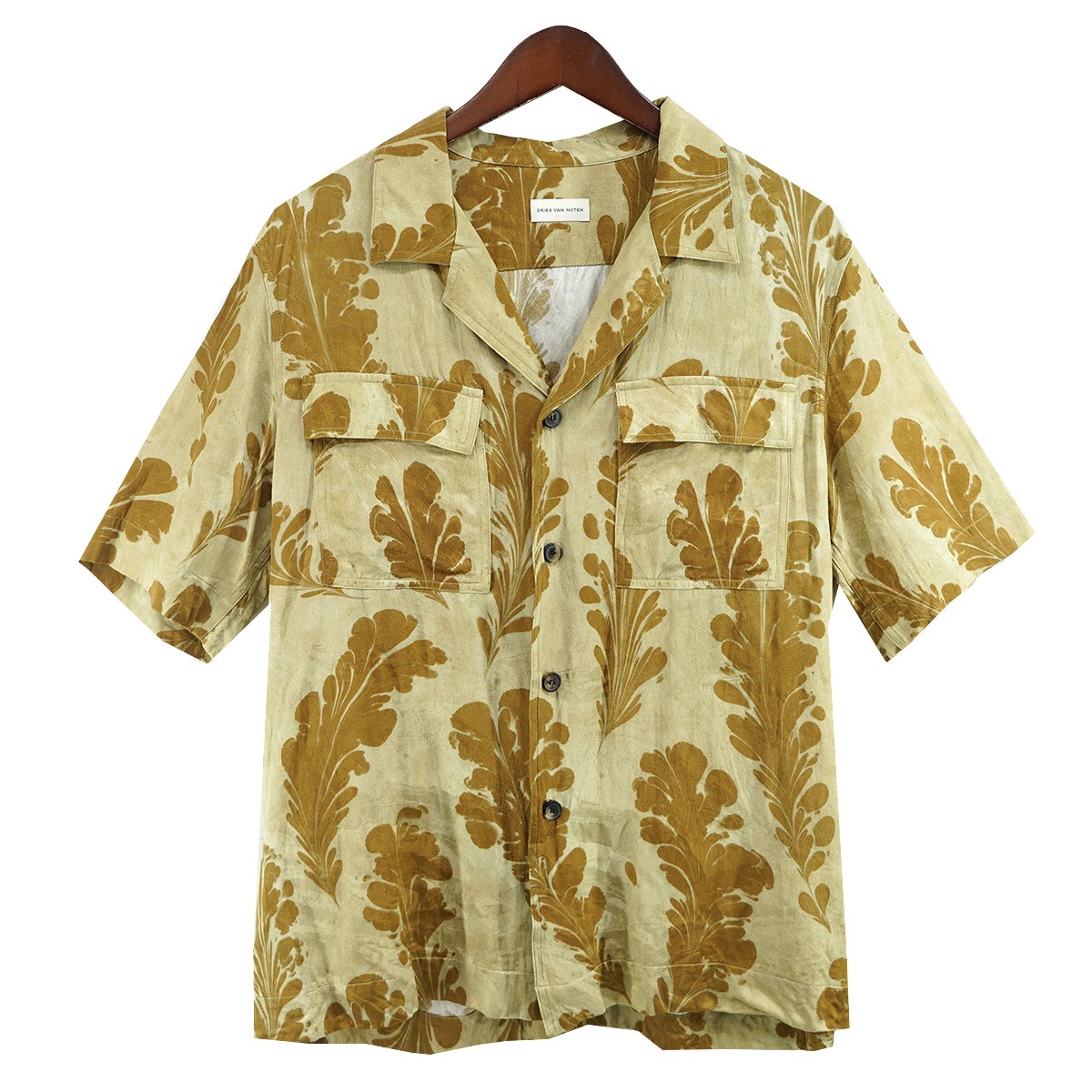 【中古】\u003cBR\u003eDRIES VAN NOTEN\u003cBR\u003e25SS 寄せあわせ CAMERON 1027 M．W．SHIR オーク材 岩礁 キャメロン 半袖 明けっ広げ色合い 開襟 プルオーバー 緑であること赤銅色調 大きさ：48\u003cBR\u003e【通貨価値思いなおす】