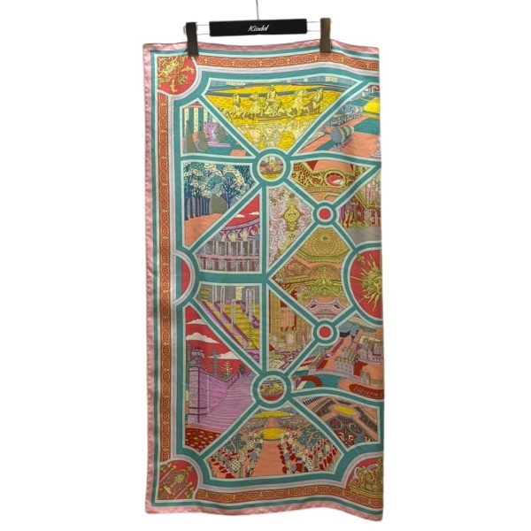 【中古】 HERMES カレ90 Flaneriea Versailles ヴェルサイユの散歩 スカーフ グリーンxピンク 【050426】(エルメス)