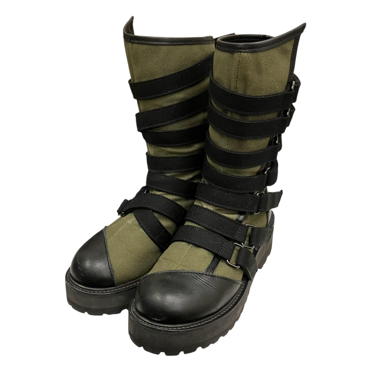 【中古】\u003cBR\u003eLIMI feu\u003cBR\u003eCANVAS + CHROME SPIRAL NECK BOOTS ブーツ LL-E01-880-1 黒いこと×カーキ 大きさ：2(23珊)\u003cBR\u003e【通貨価値思いなおす】