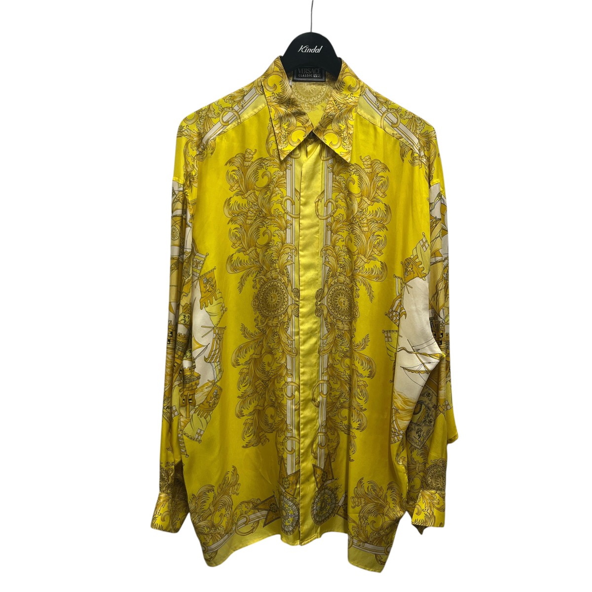 【中古】 VERSACE CLASSIC V2　 バロック柄 航船シルクシャツ イエロー サイズ：L 【050426】（ヴェルサーチ クラシックV2）